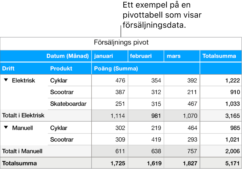 En pivottabell som visar sammanfattade data för cyklar, scootrar och skateboardar samt reglage för att visa vissa data.