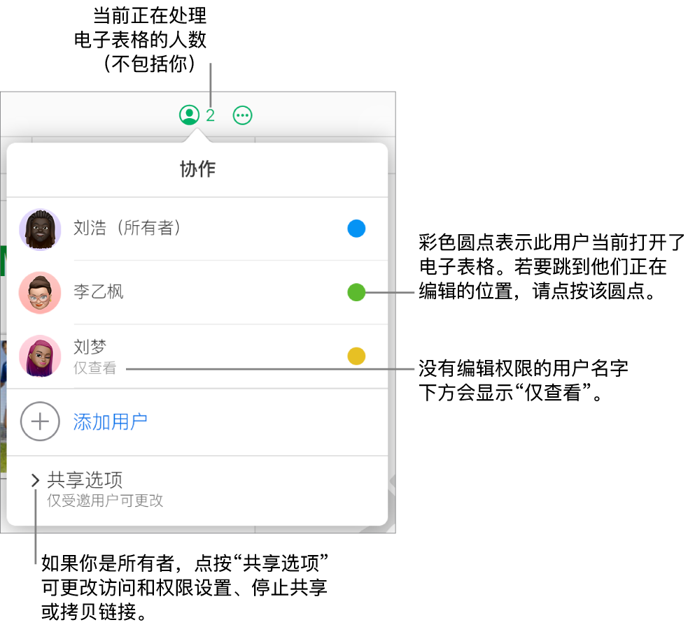 “协作”菜单已打开,其中包含一个三位参与者的列表(其中一位的访问权限为“仅查看”),一个“添加用户”选项,以及一个“共享选项”部分,所有者可在此处更改访问和权限设置。
