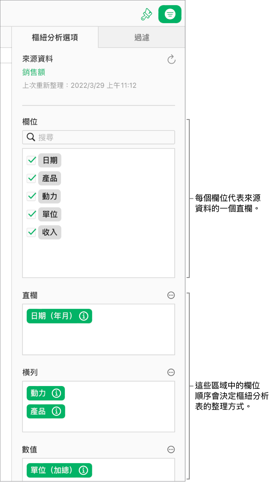 「整理」側邊欄的「樞紐分析選項」標籤頁，顯示「直欄」、「橫列」及「數值」區域的欄位，以及可用於編輯欄位和重新整理樞紐分析表的「更多」與「資訊」按鈕。