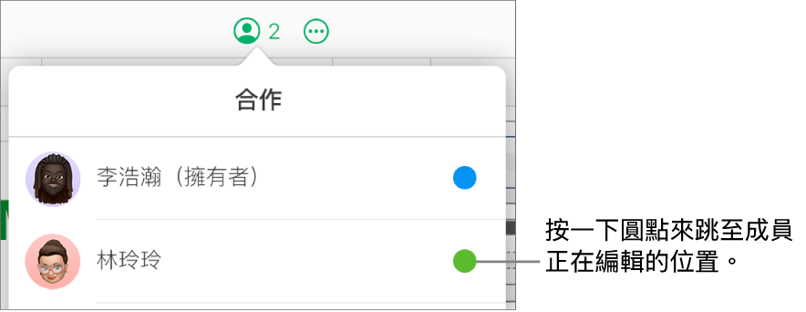 「合作」選單打開,顯示兩位參與者,各名稱右側有不同顏色的圓點。