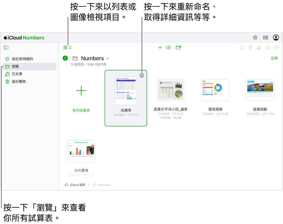 瀏覽顯示方式下的文件管理器,在格狀中以圖像顯示 Numbers 文件。可以在選取試算表的右上角看到「更多」按鈕(三個點)。在試算表上方,工具列的左側有一個彈出式選單,你可以在其中選擇以圖像或列表方式來檢視項目。工具列的右側是下載、合作、傳送電子郵件或刪除的按鈕。