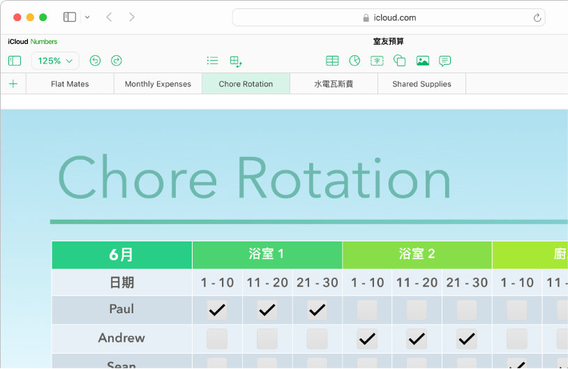 試算表的左上部分顯示五個工作表標籤頁；已選取家事輪班工作表以及工作表中包含家事輪班資訊的表格。
