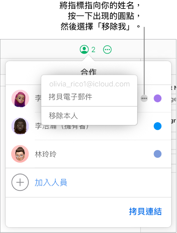 打開「合作」選單,按一下第一位參與者右側的「更多」按鈕,顯示「移除我」選項可用。