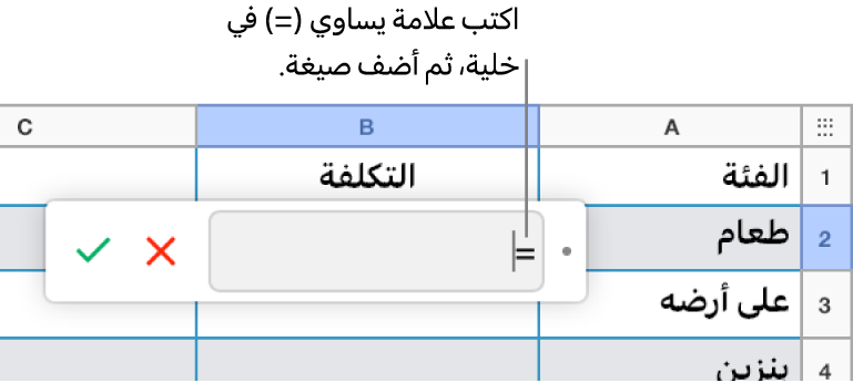 محرر الصيغ مع علامة يساوي (=) ودون إدخال صيغة.