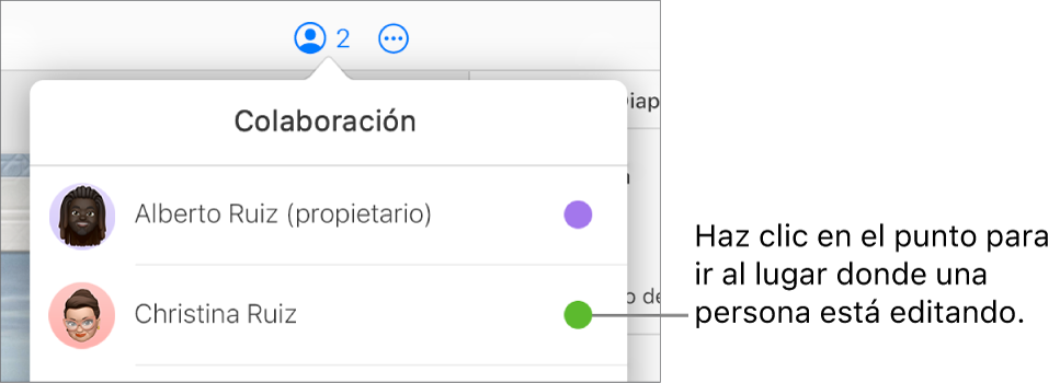 El menú Colaboración abierto con dos participantes y un punto de color diferente a la derecha de cada nombre.