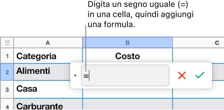 L’editor di formule con il segno uguale (=) e nessuna formula inserita.