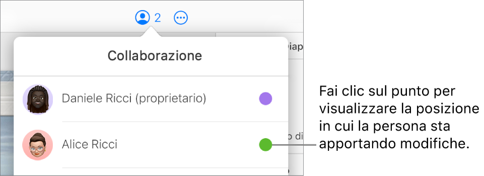 Il menu Collaborazione aperto, con due partecipanti e un punto di colore diverso accanto a ogni nome.