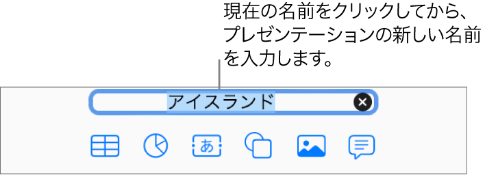 開いているプレゼンテーションの上部で現在のプレゼンテーション名(「プレゼンテーション」)が選択されています。