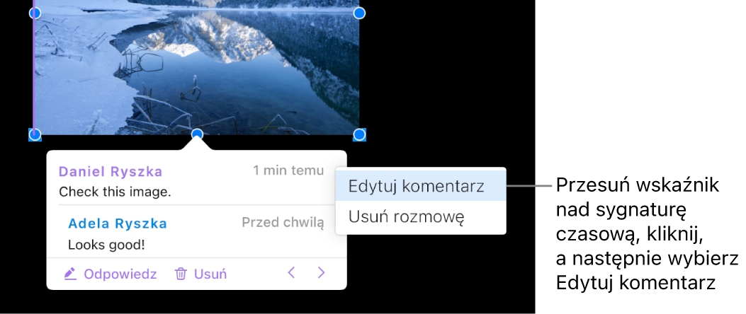 Komentarz jest otwarty, wskaźnik znajduje się na sygnaturze czasowej u góry, a menu podręczne zawiera dwie opcje: Edytuj komentarz i Usuń komentarz.