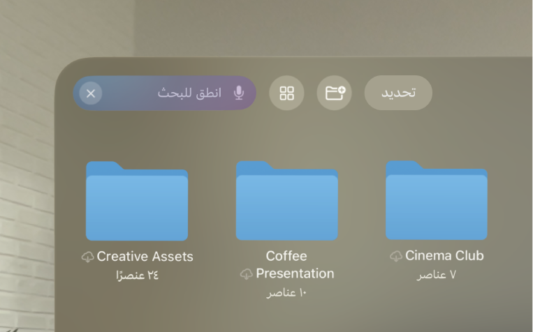 تطبيق الملفات على Apple Vision Pro، والذي يعرض حقل البحث مميزًا أثناء تنشيط الإملاء.