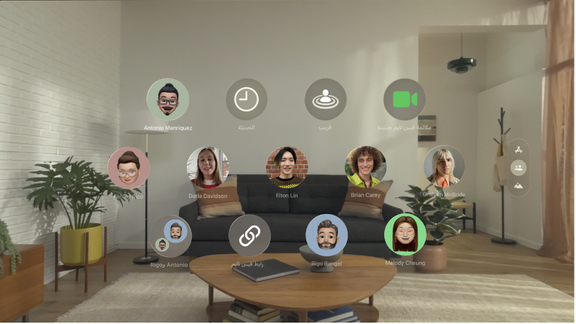 عرض الأشخاص على Apple Vision Pro، تظهر به جهات الاتصال وخيار بدء مكالمة فيس تايم.