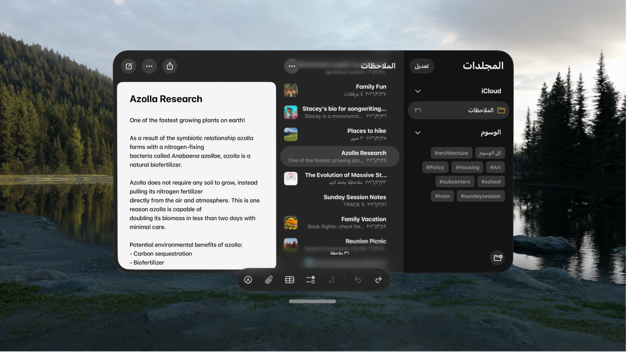 عرض مستخدم على Apple Vision Pro. تكون نافذة التطبيقات مرئية، وتظهر بيئة في الخلفية.
