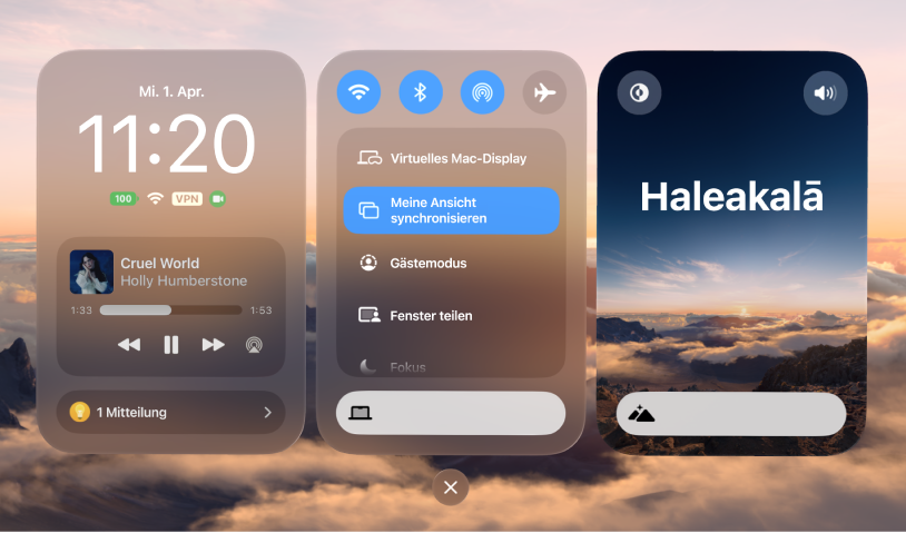 Das Kontrollzentrum auf der Apple Vision Pro mit den Steuerelementen für „WLAN“, „Bluetooth“, der Lautstärke, deiner Umgebung und mehr.
