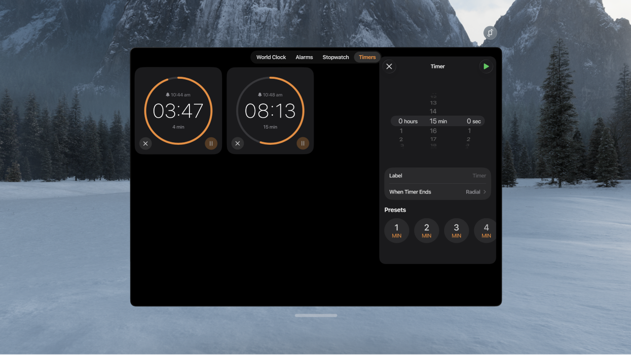 The Clock app on Apple Vision Pro, showing multiple timers running.