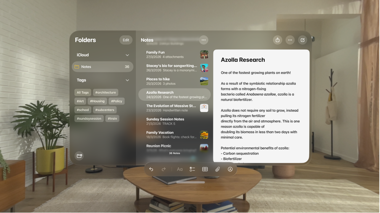 The Notes app on Apple Vision Pro, showing an open note and the toolbar at the bottom, with options for checklists, tables, photos and drawing.