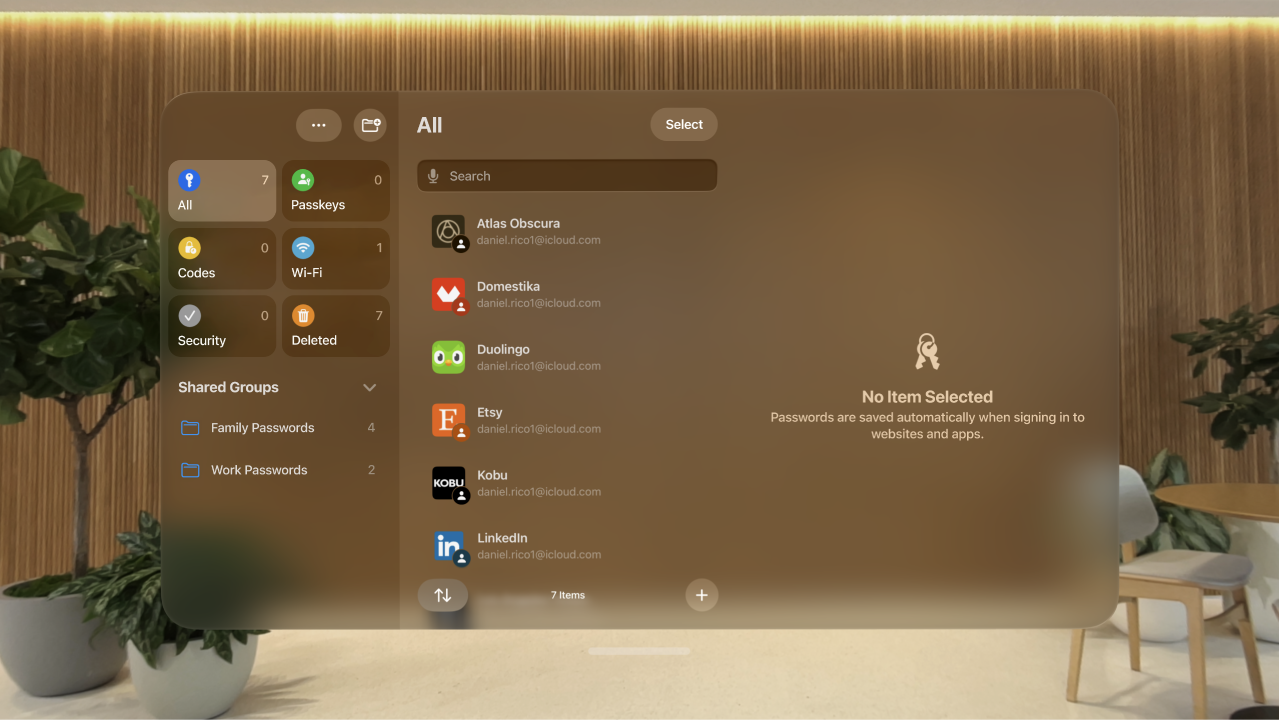 The Passwords app on Apple Vision Pro. Accounts are listed in alphabetical order.