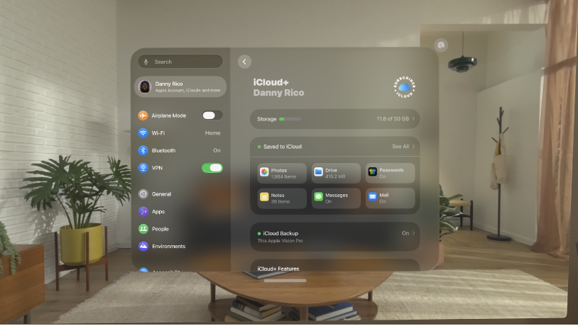 The Settings window on Apple Vision Pro, showing iCloud storage.