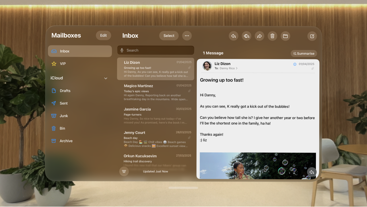 The Mail app on Apple Vision Pro, showing an open email in the inbox.