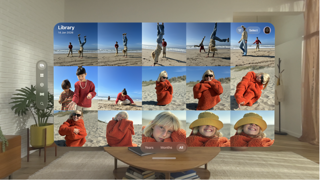 The Photos library on Apple Vision Pro, showing a grid of photos.