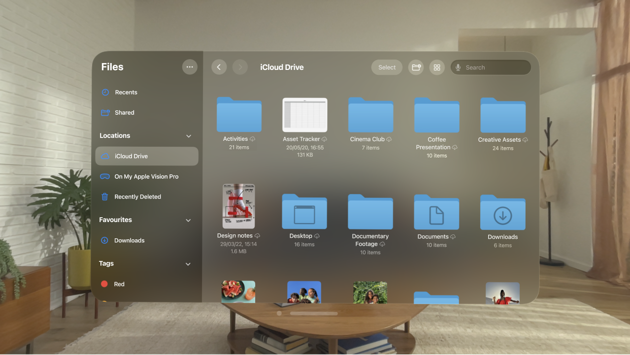 The Files app on Apple Vision Pro, showing folders and files in the iCloud Drive location.