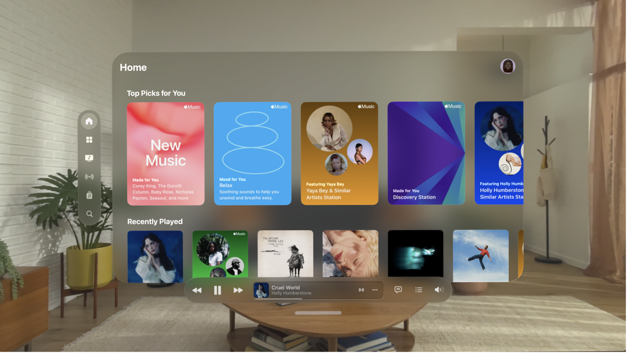 A Music app window on Apple Vision Pro, showing the player controls at the bottom of the window.