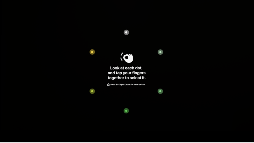 The Eye Setup view, with instructions to look at each dot and tap your fingers to select it, or press the Digital Crown for more options.