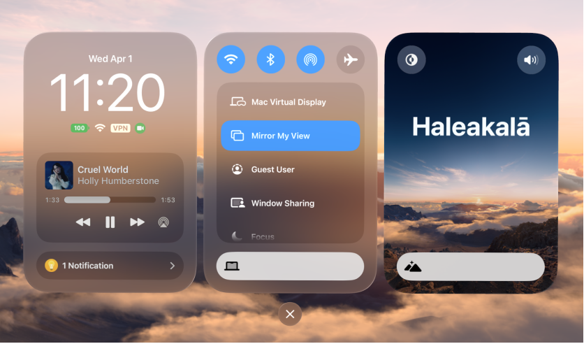Control Center on Apple Vision Pro, with the battery level showing on the left.