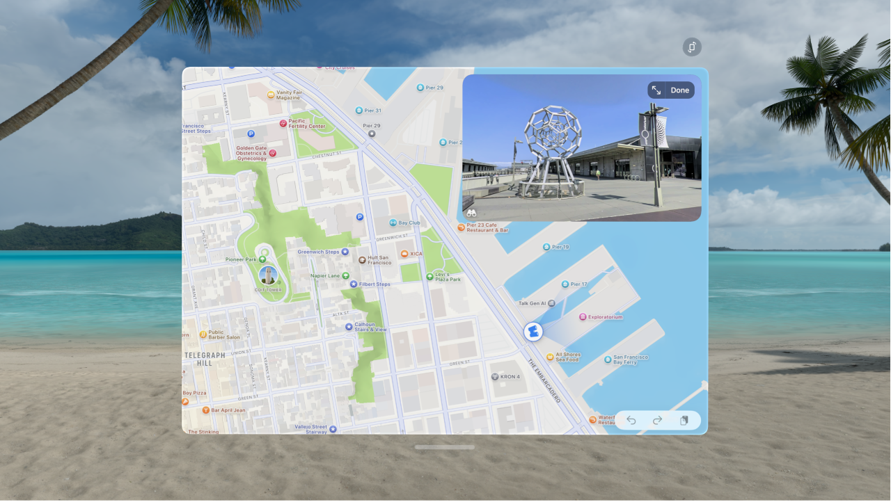 The Maps app on Apple Vision Pro, showing a place in Look Around.