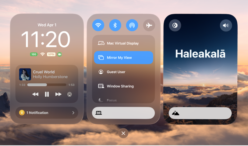 Control Center open on Apple Vision Pro, with controls for Wi-Fi, Bluetooth, volume, your Environment, and more.