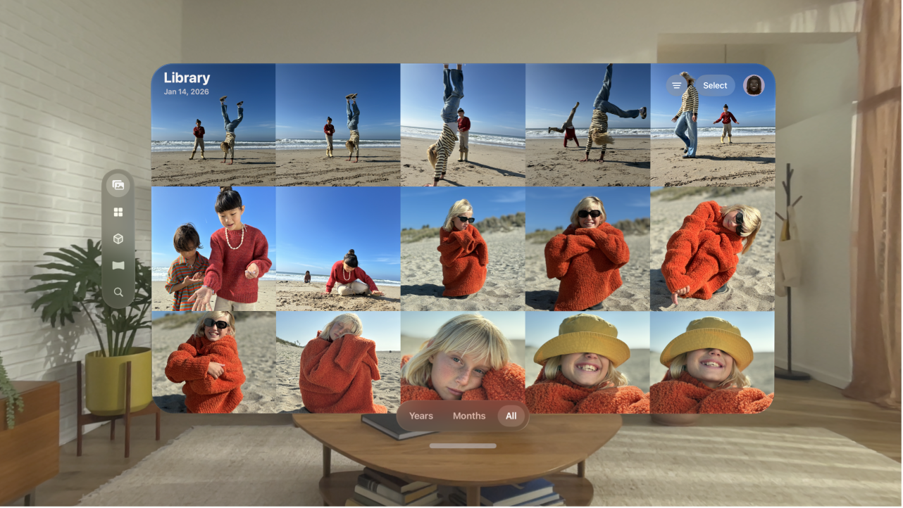 The Photos library on Apple Vision Pro, showing a grid of photos.