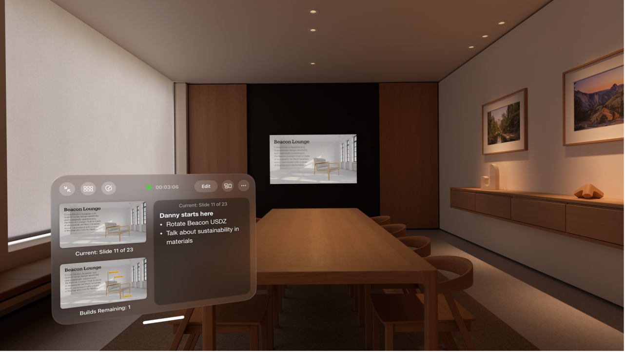 The Keynote app on Apple Vision Pro, with the Conference Room Environment showing and the presenter display visible from the viewer’s position.