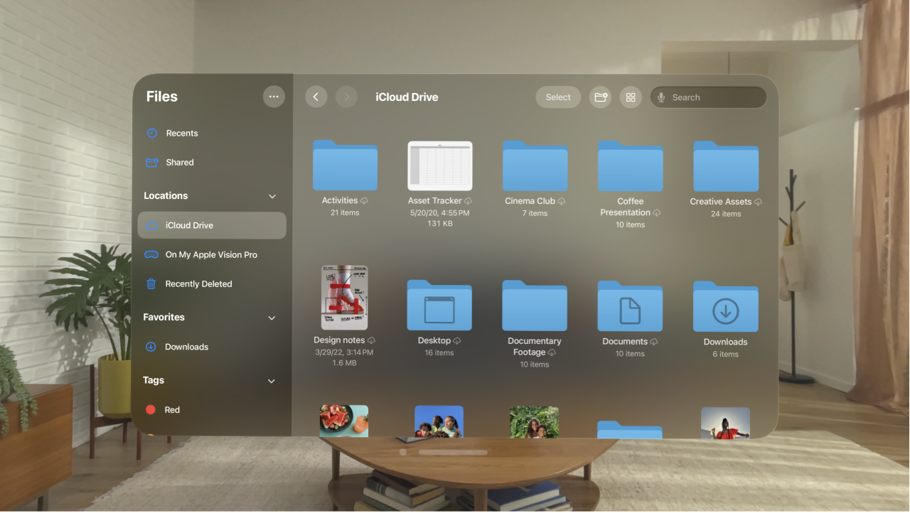 The Files app on Apple Vision Pro, showing folders and files in the iCloud Drive location.