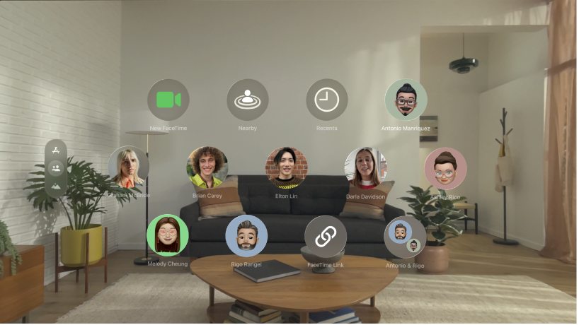 People View on Apple Vision Pro, showing contacts and the option to start a FaceTime call.