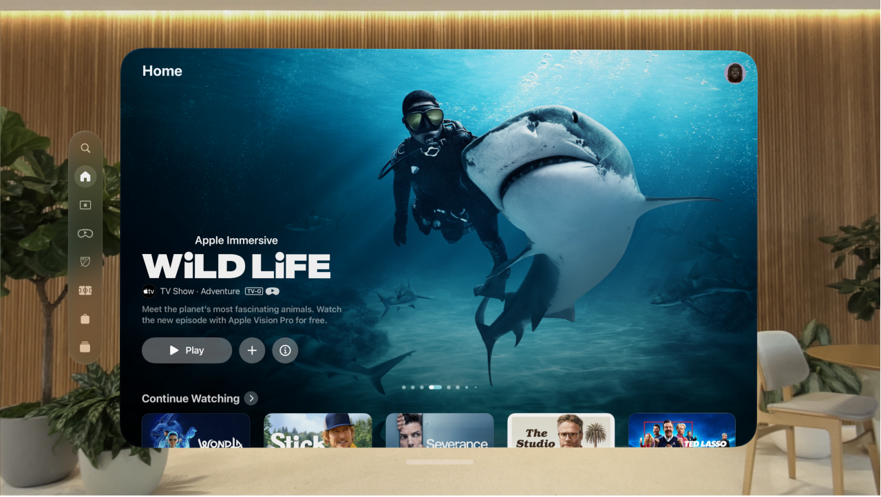 The Apple TV app on Apple Vision Pro, showing the Home tab. There are several shows visible to choose from.