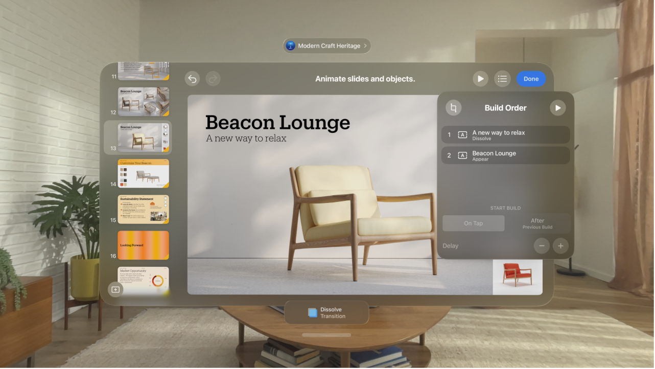 The Keynote app on Apple Vision Pro, showing the build order settings for the current slide.