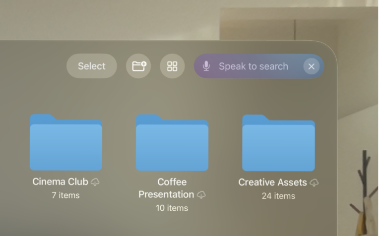 The Files app on Apple Vision Pro, showing the search field highlighted while Dictation is active.