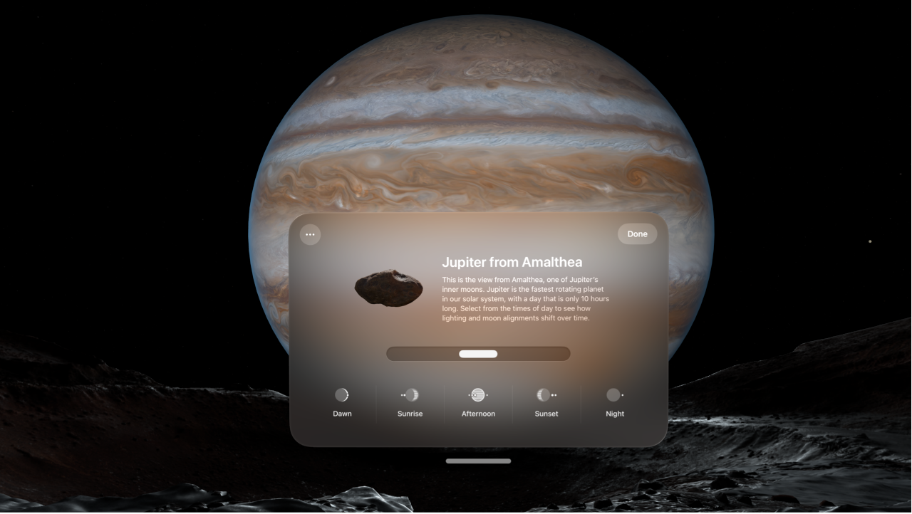 The Jupiter Environment on Apple Vision Pro, with options for changing the time of day.