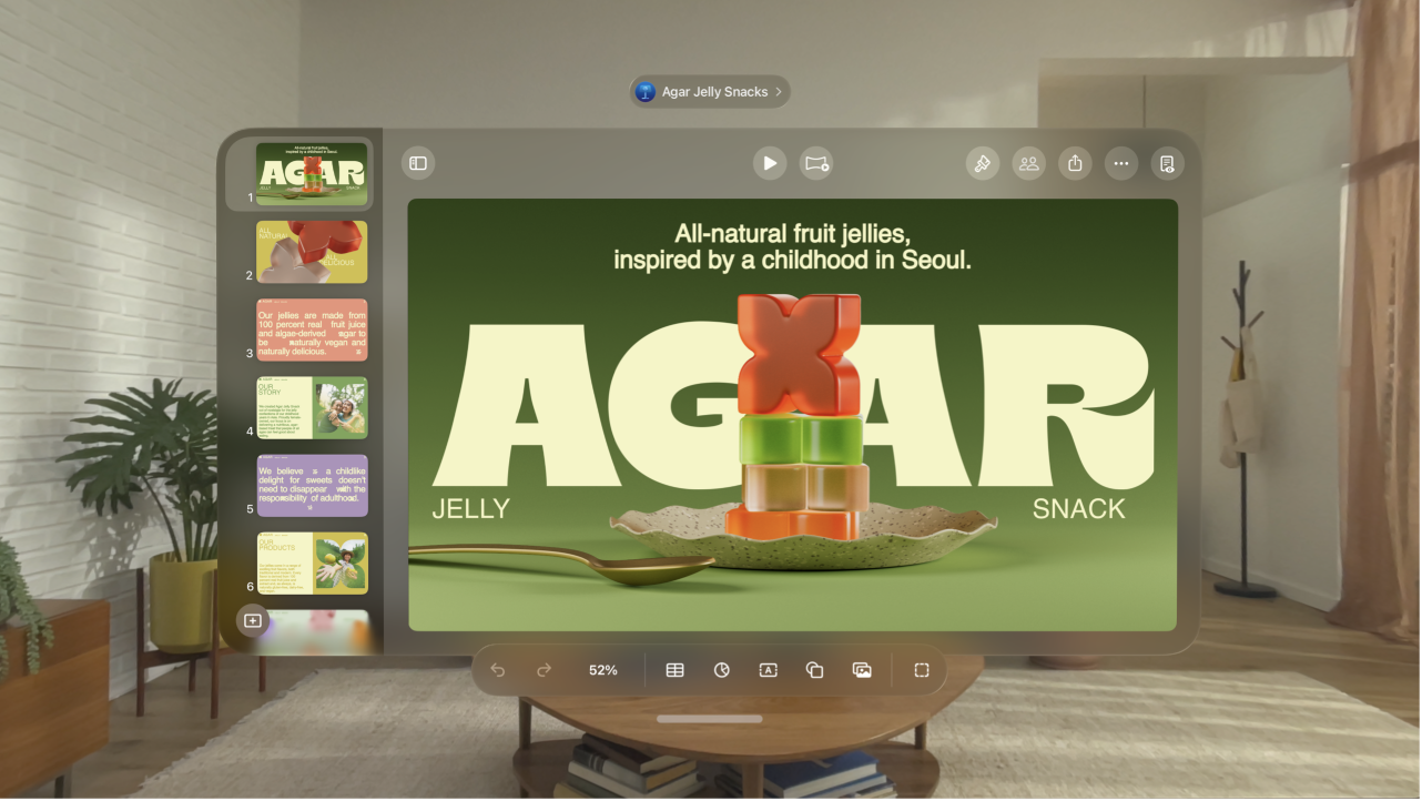 The Keynote app on Apple Vision Pro, showing an open presentation in editing view, with the toolbar visible at the bottom.