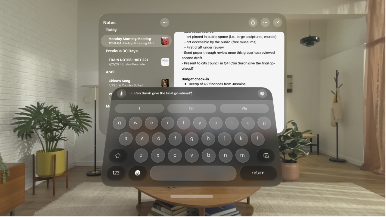 The Notes app on Apple Vision Pro, with the virtual keyboard showing, and a preview of the text being edited above it.