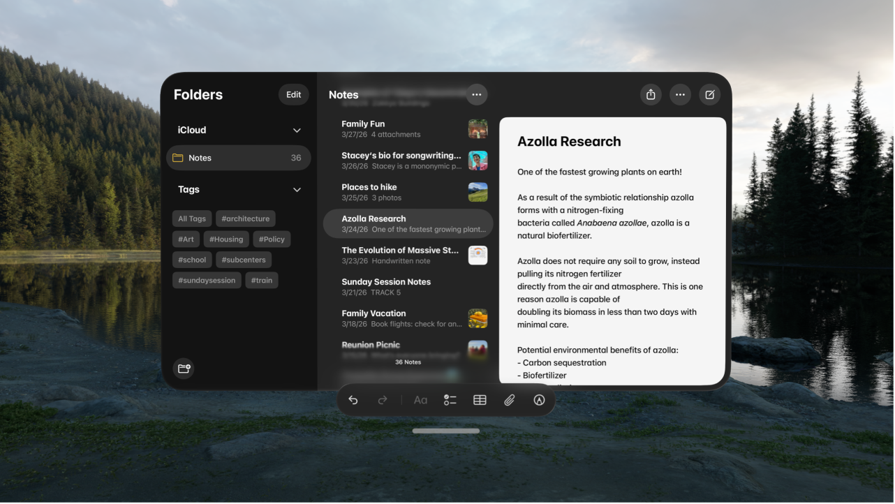 A user’s view on Apple Vision Pro. An app window is visible, and an Environment is showing in the background.