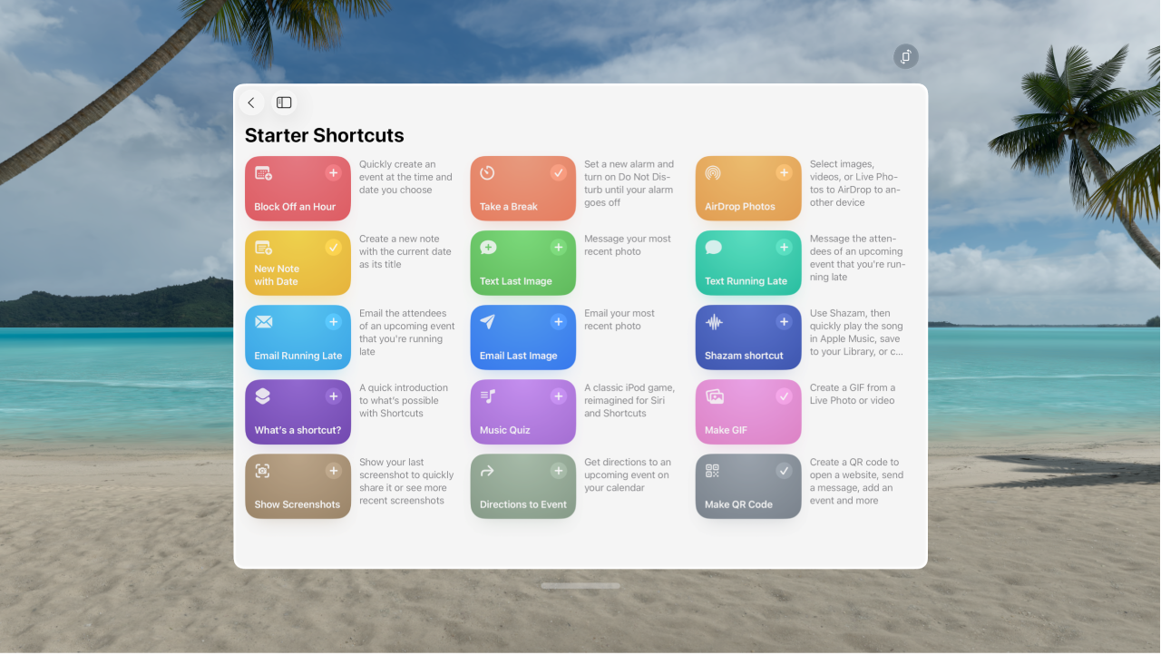 The Shortcuts app on Apple Vision Pro, showing the gallery of premade shortcuts.