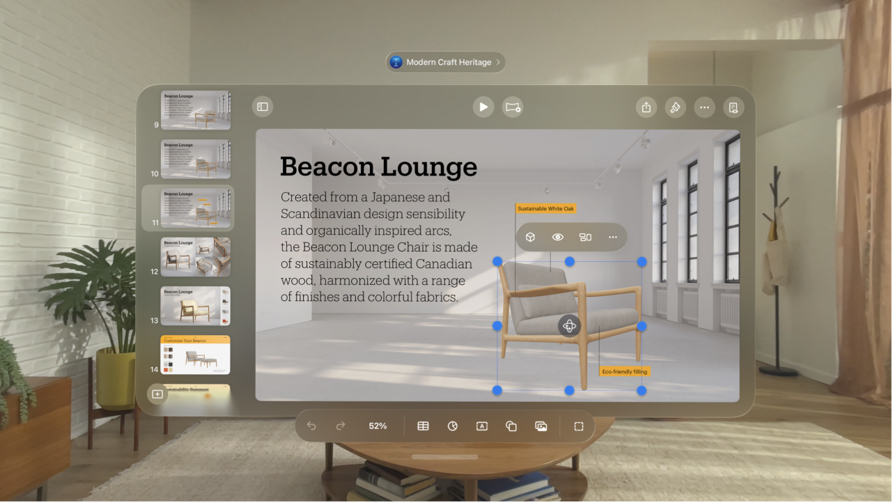 The Keynote app on Apple Vision Pro, showing a selected 3D object, with the format bar above it and the toolbar below it.
