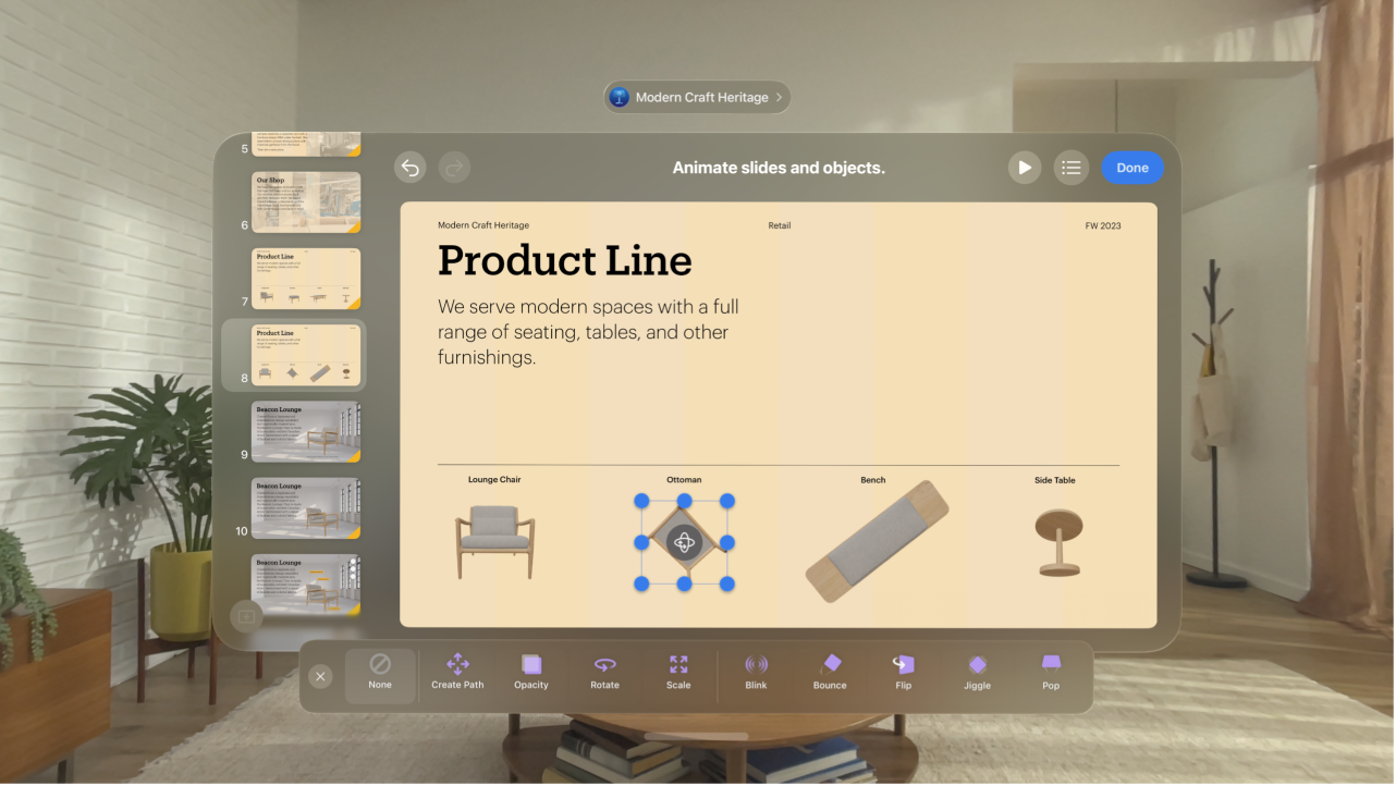 The Keynote app on Apple Vision Pro, showing the animation options for an object on a slide.