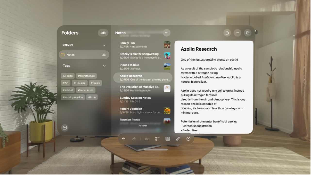 The Notes app on Apple Vision Pro, showing an open note and the toolbar at the bottom, with options for checklists, tables, photos, and drawing.