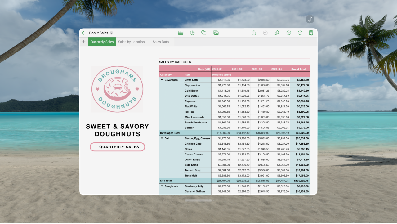 The Numbers app on Apple Vision Pro, showing an open spreadsheet and formatting controls at the top.