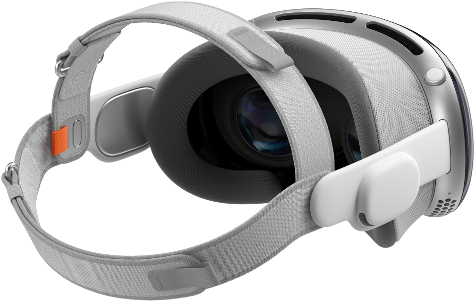 El Apple Vision Pro con la banda doble con presillas acoplada y las correas de velcro ajustadas.