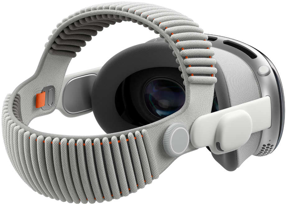 Un Apple Vision Pro con la banda doble tejida acoplada.