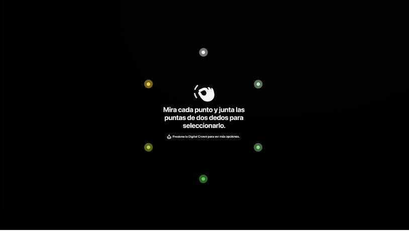 La vista Configuración ocular, con instrucciones para mirar cada uno de los puntos y hacer un toque con los dedos para seleccionarlos, o presionar la Digital Crown para ver más opciones.