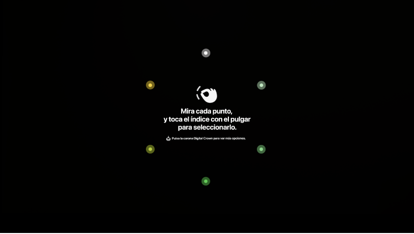 Vista de la configuración ocular con instrucciones para mirar cada punto y pellizca con dos dedos para seleccionarlo, o pulsa la corona Digital Crown para ver más opciones.