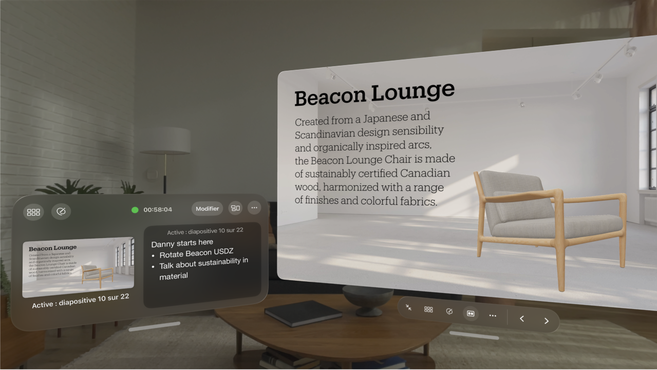 L’app Keynote sur l’Apple Vision Pro, affichant une présentation en cours de lecture, avec l’affichage de l’intervenant visible en regard de celle-ci.